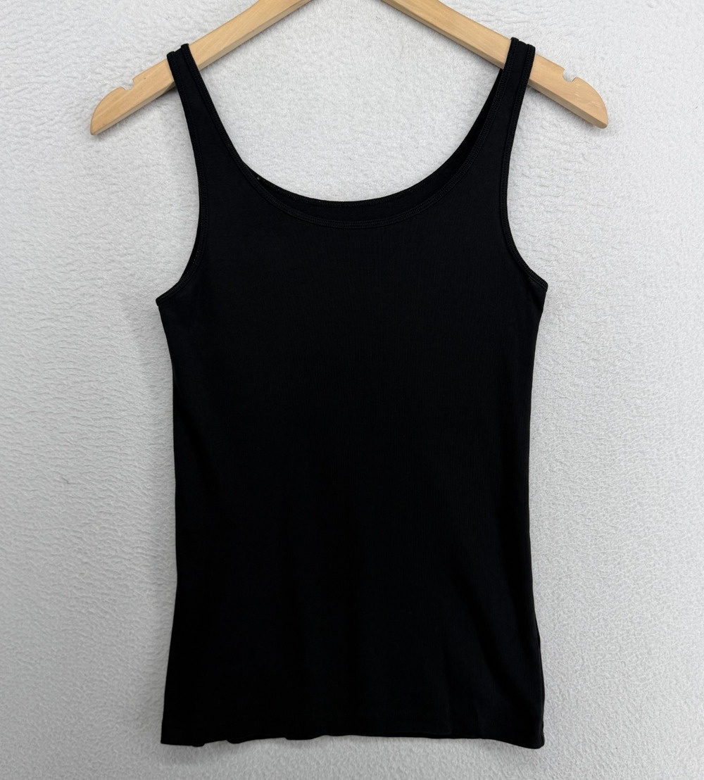 EILEEN FISHER Tank Top S Organic Cotton Ribbed Jersey Slim Scoop Neck Black
